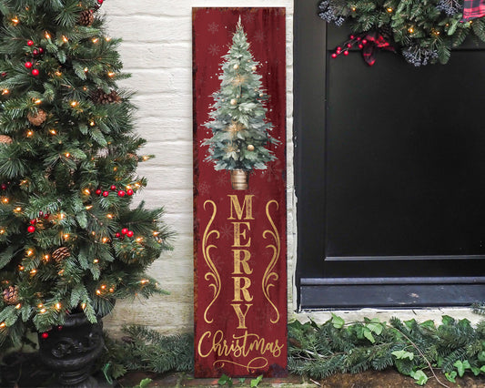 36in Merry Christmas Sign for Front Porch - Vintage Christmas Decoration, Red Rustic Modern Farmhouse Entryway Christmas Porch Sign