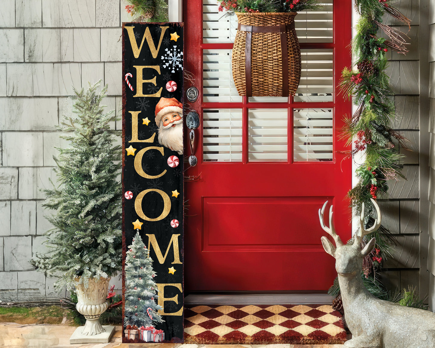 48in Welcome Christmas Porch Sign - Front Porch Santa Christmas Welcome Sign, Rustic Modern Farmhouse Entryway Board