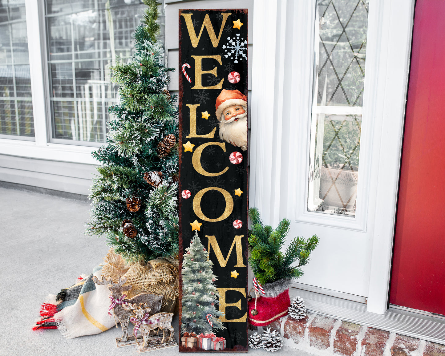 48in Welcome Christmas Porch Sign - Front Porch Santa Christmas Welcome Sign, Rustic Modern Farmhouse Entryway Board