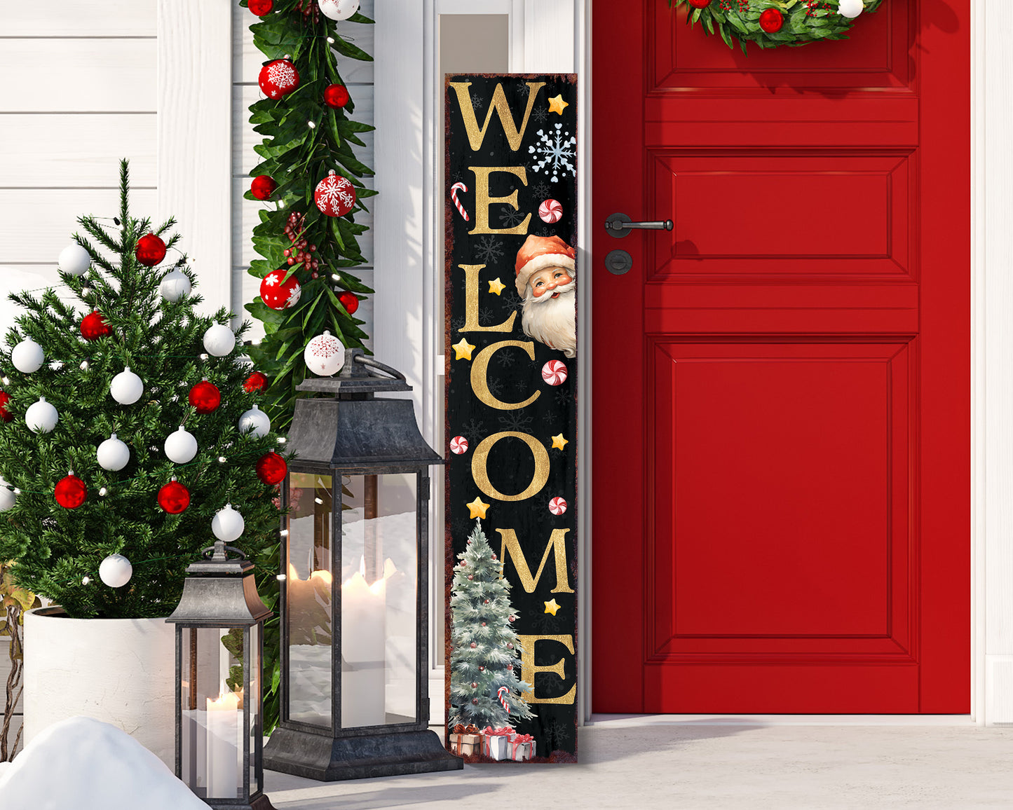 48in Welcome Christmas Porch Sign - Front Porch Santa Christmas Welcome Sign, Rustic Modern Farmhouse Entryway Board