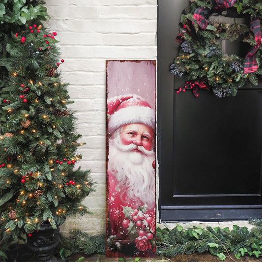 Pink Santa Christmas Porch Sign – Vintage Holiday Front Porch Decor | Farmhouse Christmas Entryway Decoration | Indoor Outdoor Use