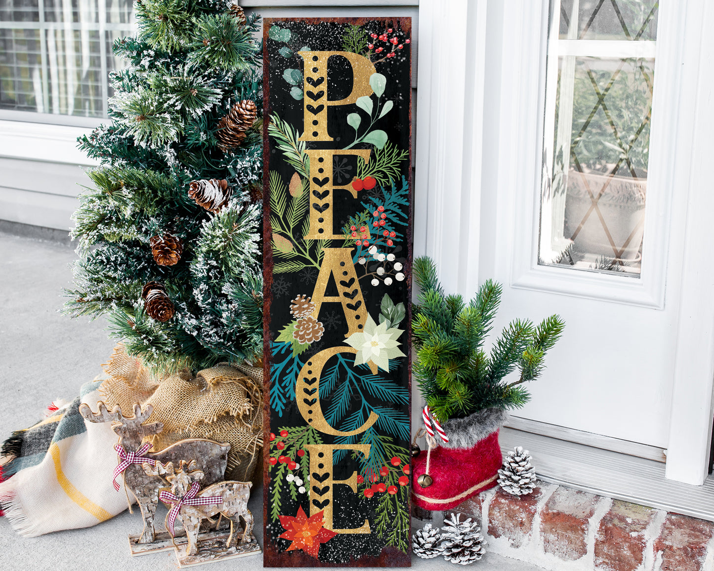 36in Peace Porch Sign - Front Porch Christmas Welcome Sign, Rustic Modern Farmhouse Entryway Board