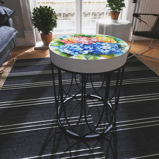 Spring Watercolor Hydrangea Accent Table | Round End Table for Indoor | UV Print Side Table | Wood & Metal | Spring Botanicals | 3 Sizes