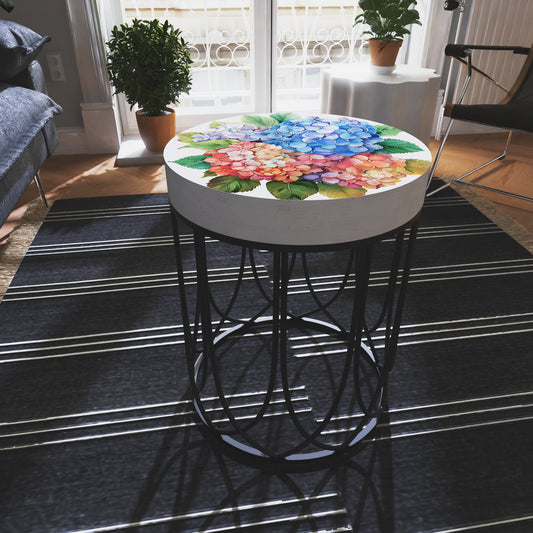 Spring Watercolor Hydrangea Accent Table | Round End Table for Indoor | UV Print Side Table | Wood & Metal | Spring Botanicals | 3 Sizes