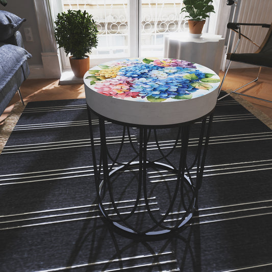 Spring Watercolor Hydrangea Accent Table | Round End Table for Indoor | UV Print Side Table | Wood & Metal | Spring Botanicals | 3 Sizes