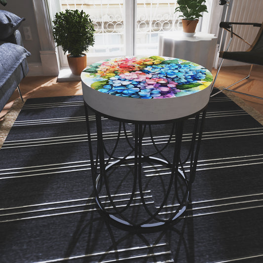 Spring Watercolor Hydrangea Accent Table | Round End Table for Indoor | UV Print Side Table | Wood & Metal | Spring Botanicals | 3 Sizes