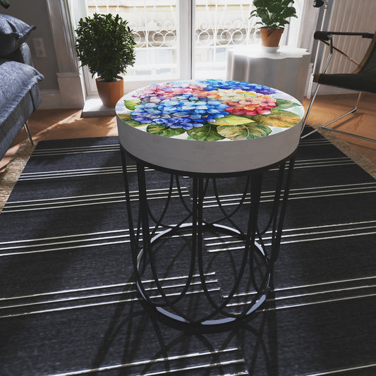 Spring Watercolor Hydrangea Accent Table | Round End Table for Indoor | UV Print Side Table | Wood & Metal | Spring Botanicals | 3 Sizes