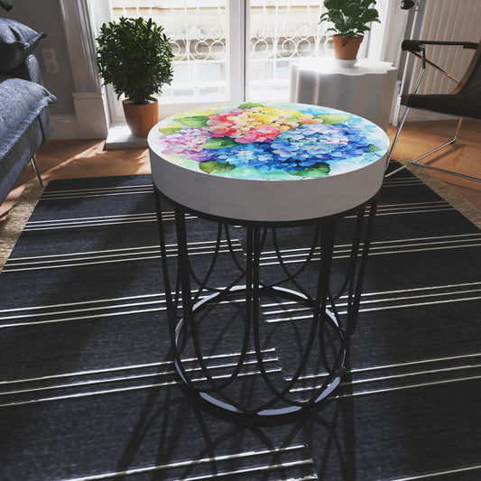 Spring Watercolor Hydrangea Accent Table | Round End Table for Indoor | UV Print Side Table | Wood & Metal | Spring Botanicals | 3 Sizes