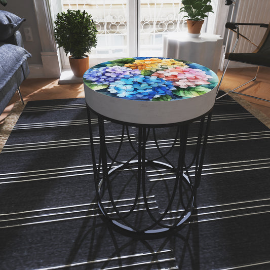 Spring Watercolor Hydrangea Accent Table | Round End Table for Indoor | UV Print Side Table | Wood & Metal | Spring Botanicals | 3 Sizes