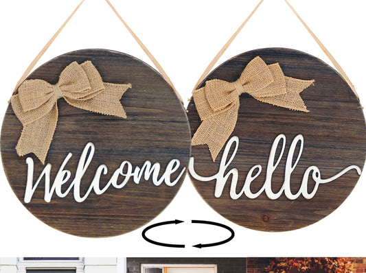 12in Reversible Brown Welcome Hanging Sign for Front Door Decor - Rustic Door Hangers