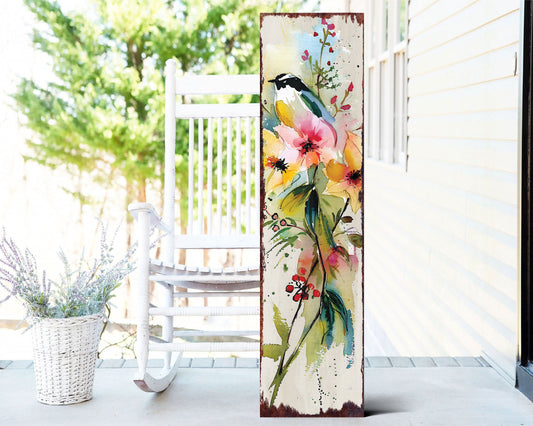 36-Inch Spring Watercolor Chickadee Porch Sign - Front Door Wall Decor, Perfect for Farmhouse Outdoor Entryway Decor Plaque