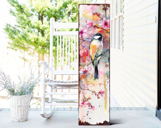 36in Spring Watercolor Chickadee Porch Sign - Front Door Wall Decor, Perfect for Farmhouse Outdoor Entryway Decor Plaque Home Decor