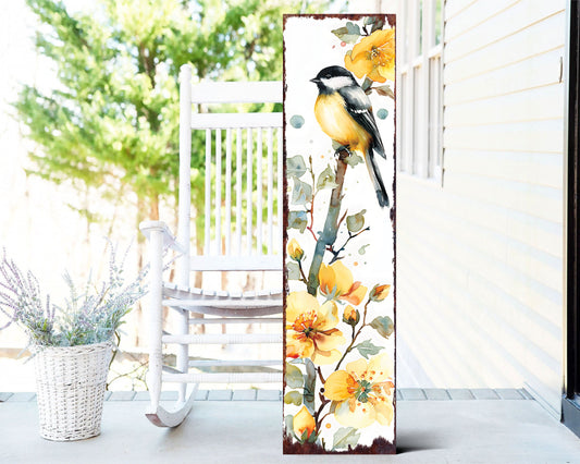 36-inch Spring Watercolor Chickadee Porch Sign - Front Door Yellow Spring Decor Sign, Perfect for Farmhouse Outdoor Entryway Decor