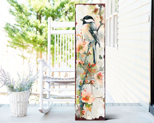 36-Inch Spring Watercolor Chickadee Porch Sign | Front Door Colorful Spring Decor Sign | Perfect For Farmhouse Outdoor Entryway Decor