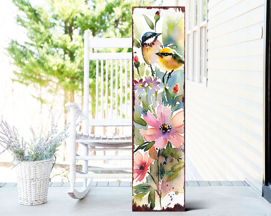 36-Inch Spring Watercolor Chickadee Couple Porch Sign - Front Door Wall Decor, Perfect for Farmhouse Outdoor Entryway Decor Plaque