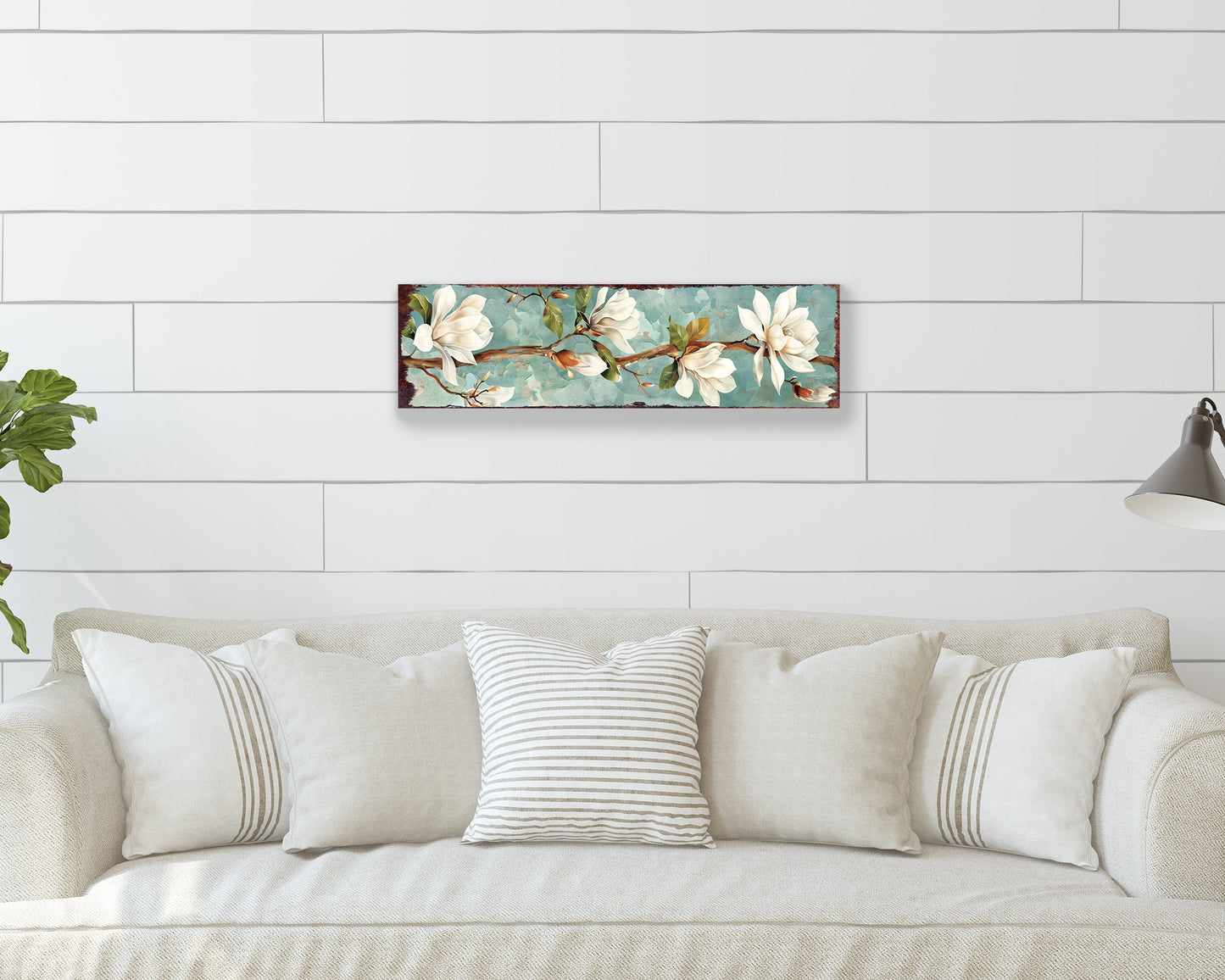 32in Spring Magnolia Wall Sign - Oil Paint Style White Magnolia on Light Blue Background, Perfect for Entryway, Front Door, Porch Home Decor