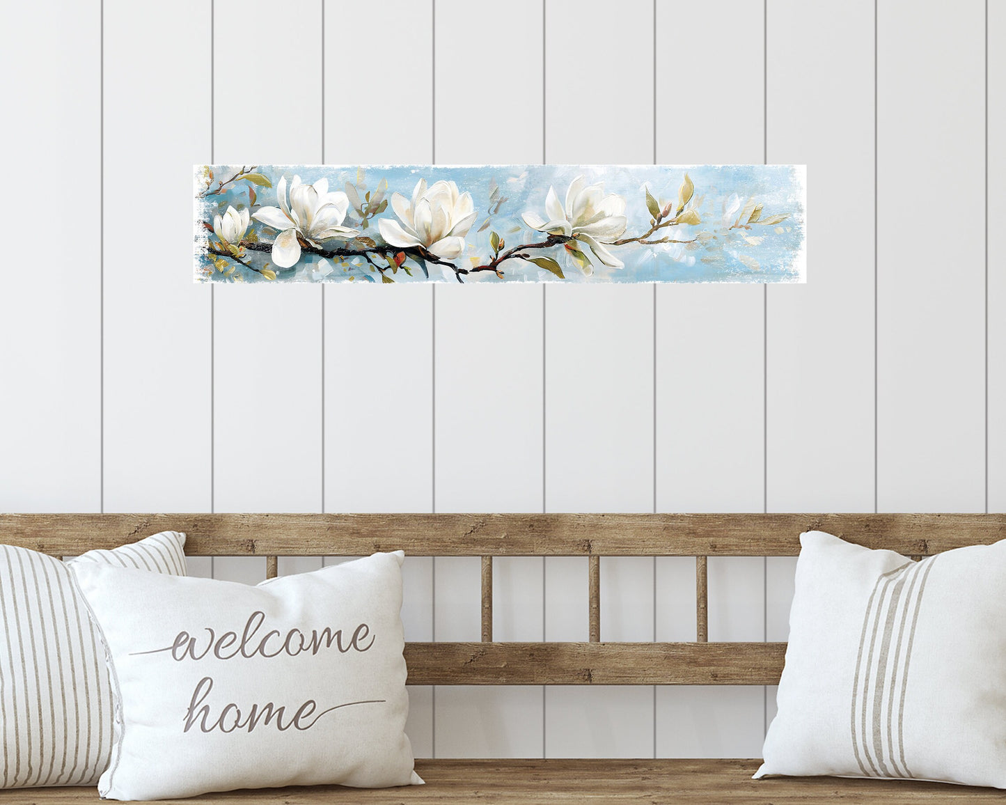 36in Spring Magnolia Wall Sign | Oil Paint Style White Magnolia | Light Blue Background | Perfect for Entryway, Front Door, Porch Home Decor