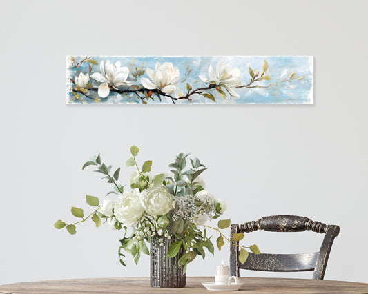 36in Spring Magnolia Wall Sign | Oil Paint Style White Magnolia | Light Blue Background | Perfect for Entryway, Front Door, Porch Home Decor