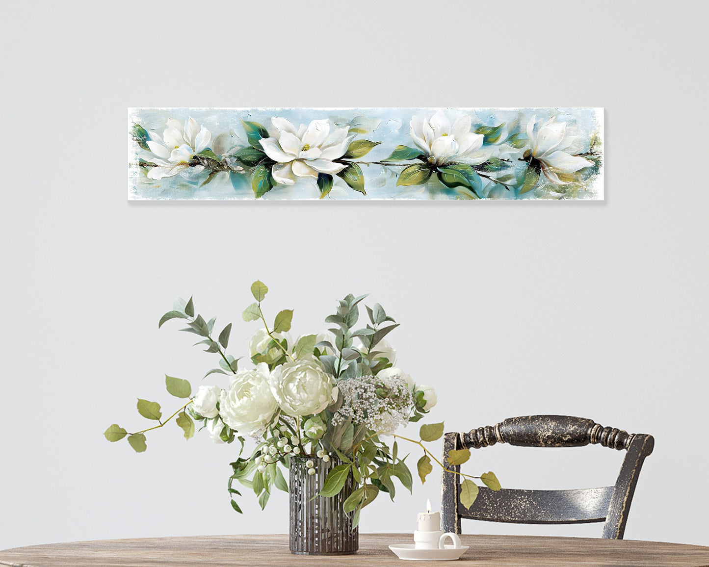 36in Spring Magnolia Wall Sign | Oil Paint Style White Magnolia | Light Blue Background | Perfect for Entryway, Front Door, Porch Home Decoration