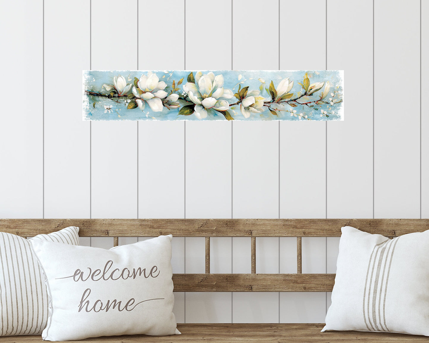 36in Spring Magnolia Wall Sign - Oil Paint Style White Magnolia on Light Blue Background, Perfect for Entryway, Front Door, Porch Home Decor