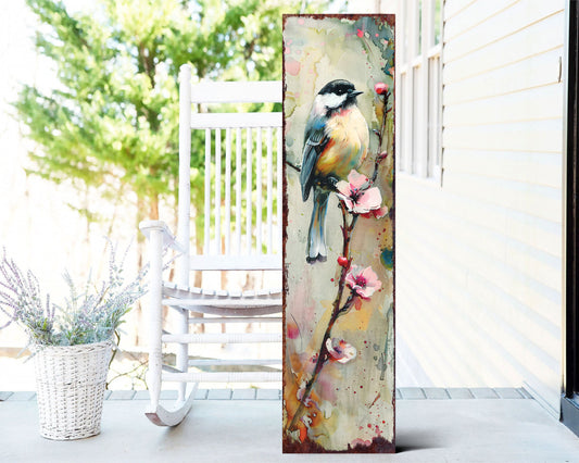 36in Spring Watercolor Chickadee Porch Sign - Front Door Yellow Spring Decor Sign, Perfect for Farmhouse Outdoor Entryway Decor