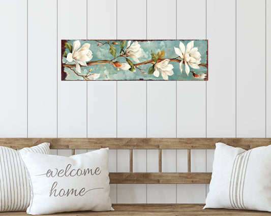 32in Spring Magnolia Wall Sign - Oil Paint Style White Magnolia on Light Blue Background, Perfect for Entryway, Front Door, Porch Home Decor