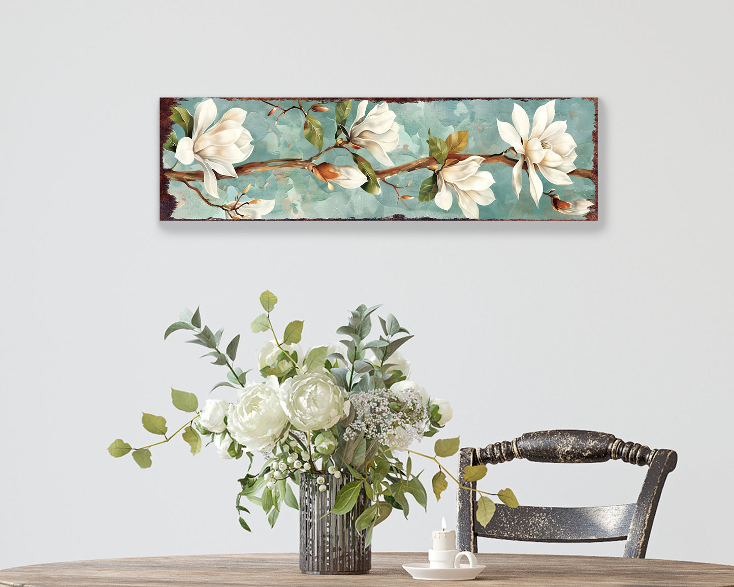 32in Spring Magnolia Wall Sign - Oil Paint Style White Magnolia on Light Blue Background, Perfect for Entryway, Front Door, Porch Home Decor