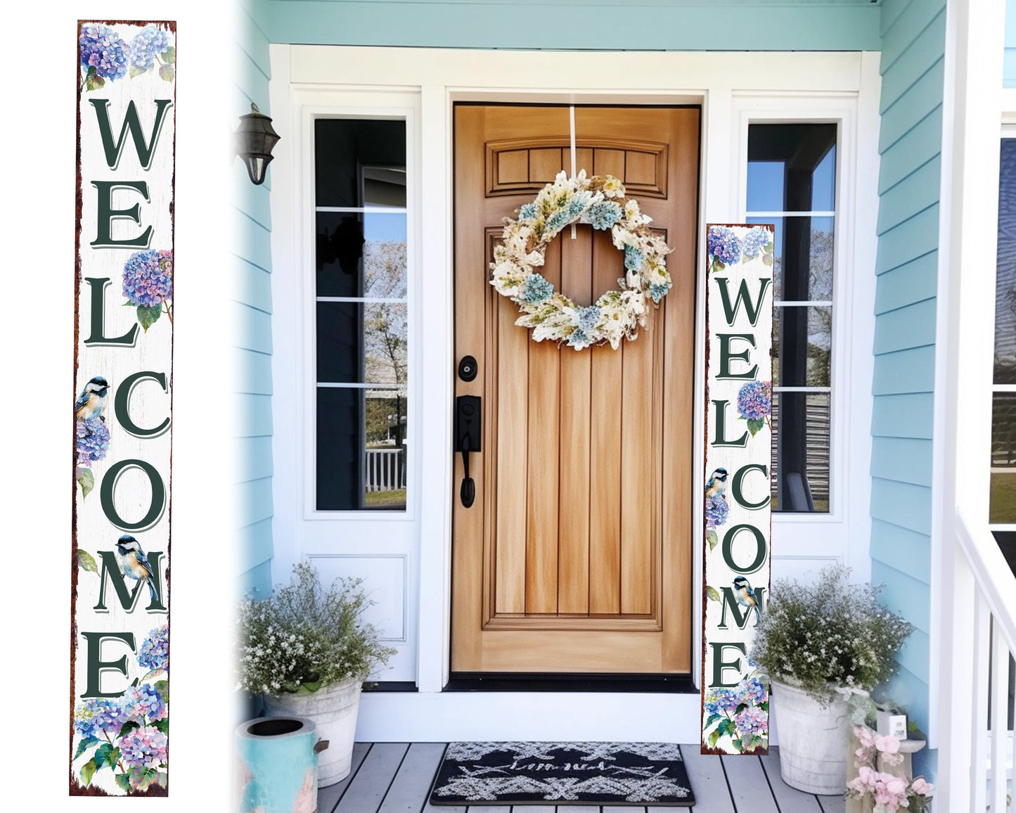 72in Spring Hydrangea Welcome Porch Sign | Rustic Wooden Decor | Outdoor Wall Art | Vibrant Floral Farmhouse Patio Decor