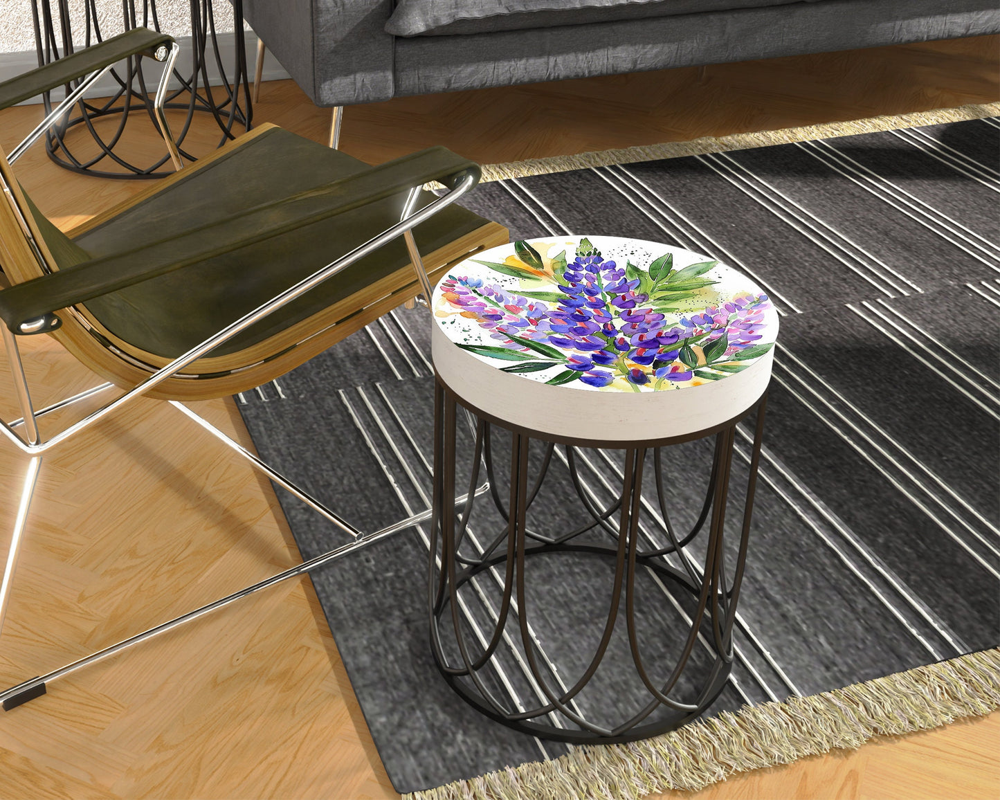 Spring Watercolor Lupine Accent Table | Farmhouse Style Round End Tables | Perfect for Bedroom, Balcony, Patio