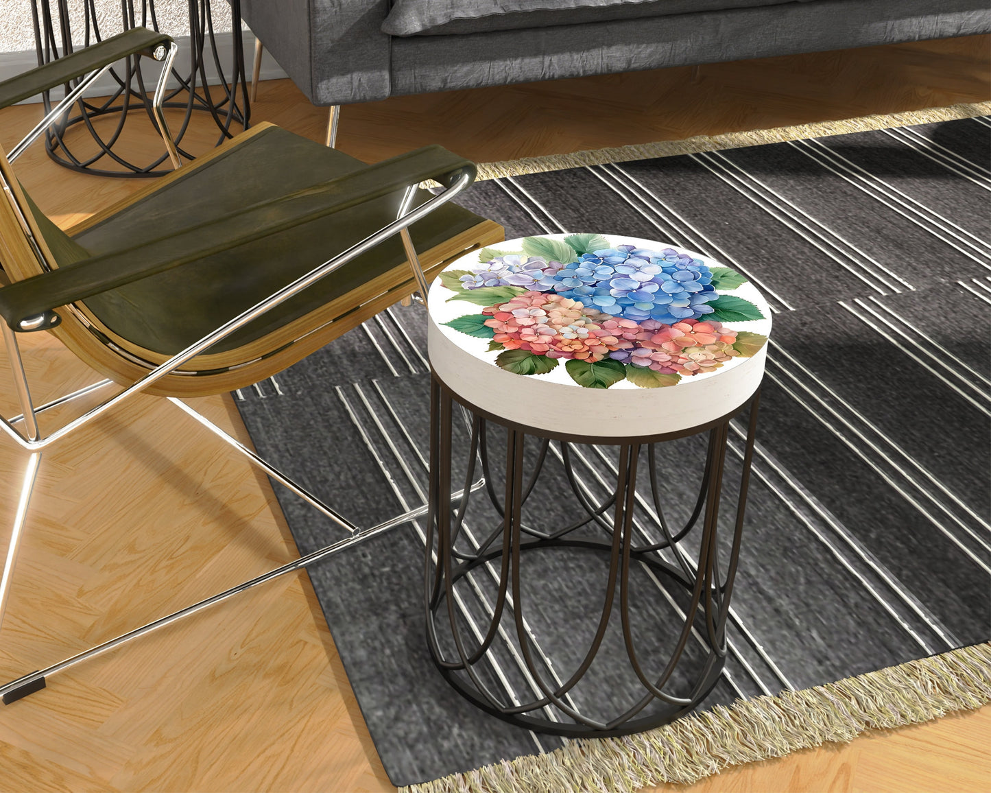 Spring Watercolor Hydrangea Accent Table | Farmhouse Style Round End Tables | Perfect for Bedroom, Balcony, Patio