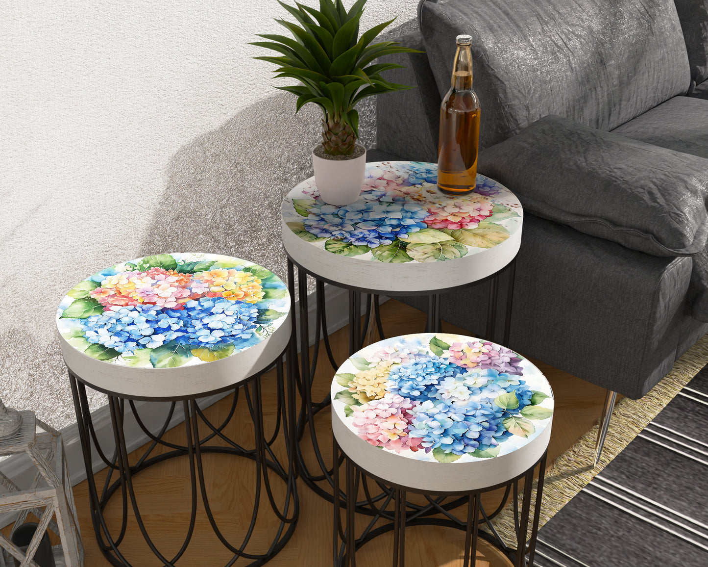 Spring Watercolor Hydrangea Accent Table | Farmhouse Style Round End Tables | Perfect for Bedroom, Balcony, Patio