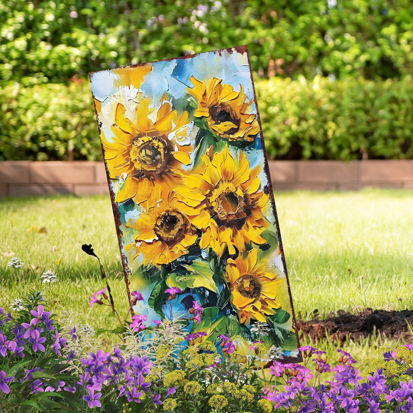 30in Summer Garden Stake - Oil Paint Style Sunflower Decor - Made in USA - Ideal for Outdoor, Yard, and Garden Decorations