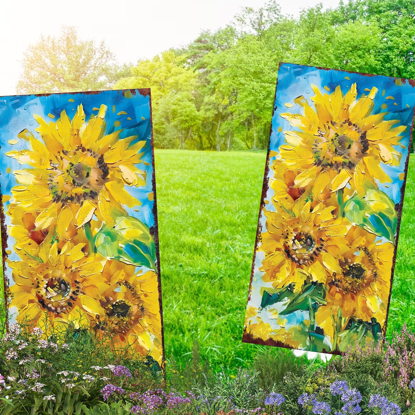 30in Summer Garden Stake | Oil Paint Style Sunflower Decor | Perfect for Outdoor Decor, Yard Art, and Garden Decorations