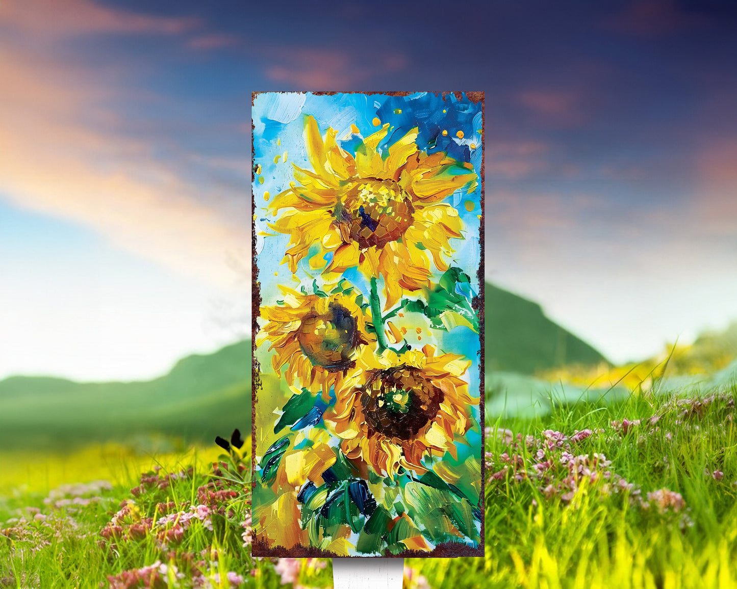 Beautiful 30in Summer Garden Stake | Oil Paint Style Sunflower Decor | Great for Outdoor Decor, Yard Art, and Garden Decorations