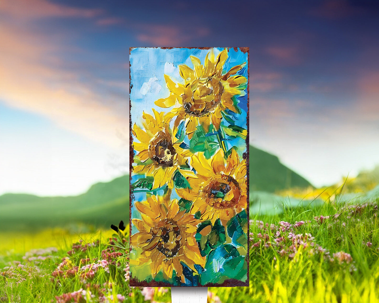 30in Summer Garden Stake - Oil Paint Style Sunflower Decor | Great for Outdoor Decor, Yard Art, and Garden Decorations