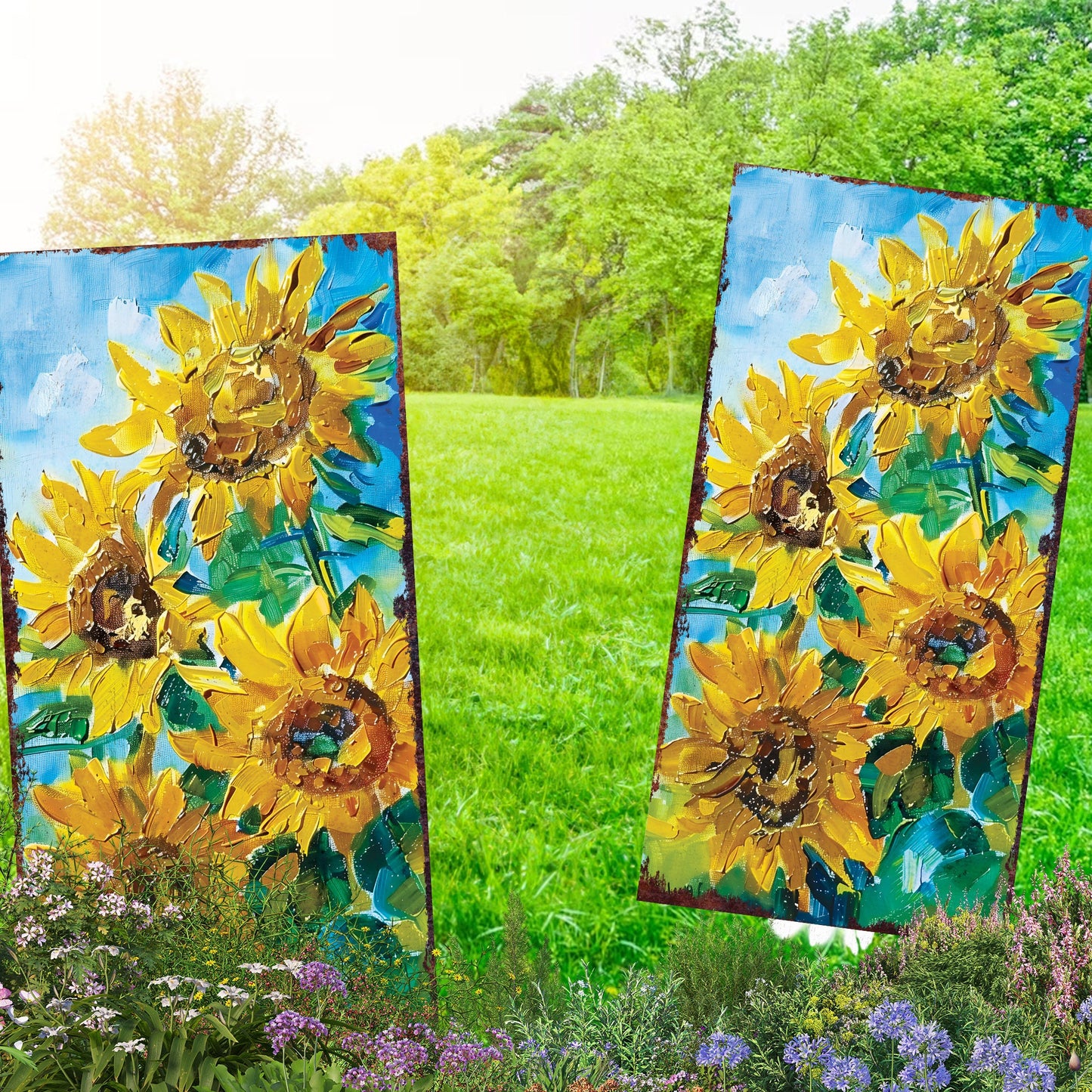 30in Summer Garden Stake - Oil Paint Style Sunflower Decor | Great for Outdoor Decor, Yard Art, and Garden Decorations