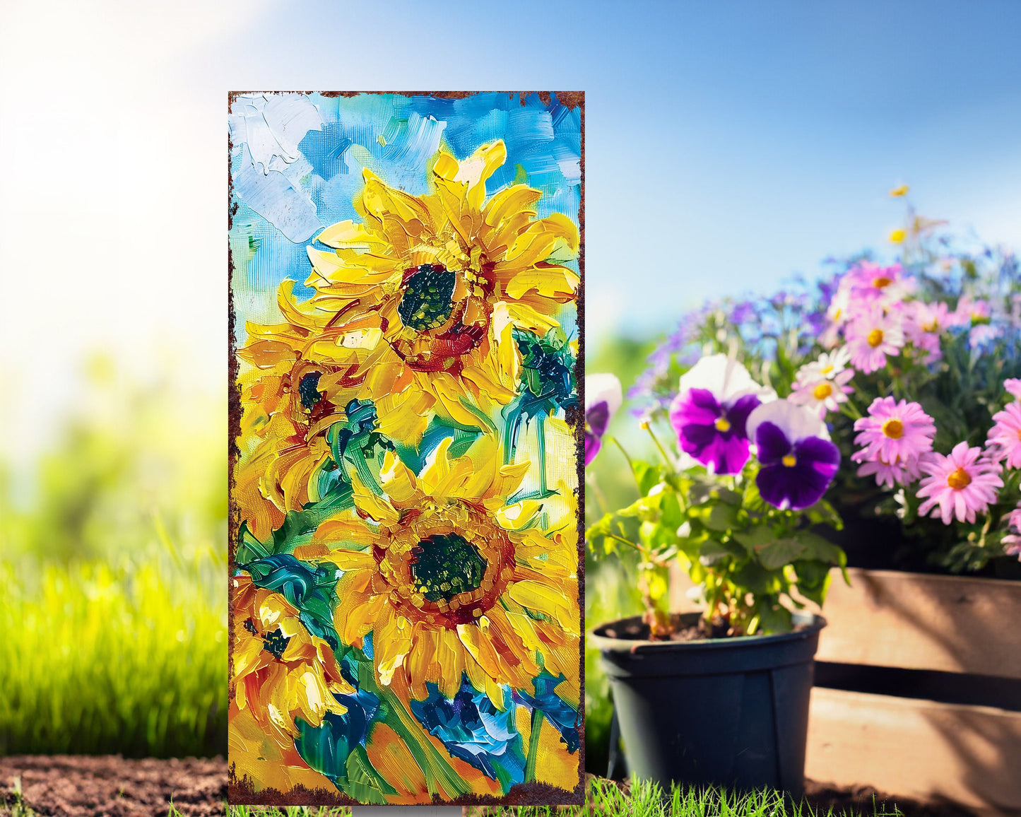 30in Summer Garden Stake - Oil Paint Style Sunflower Decor | Great for Outdoor Decor, Yard Art, and Garden Decoration