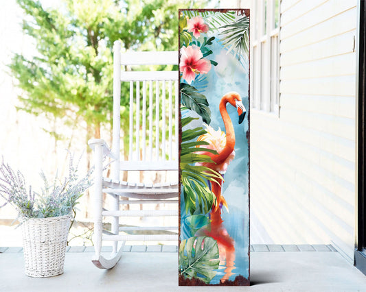 36in Summer Watercolor Flamingo Porch Sign - Rustic Farmhouse Decor for Door, Wall, Outdoor Entryway - UV Protected & Sealed