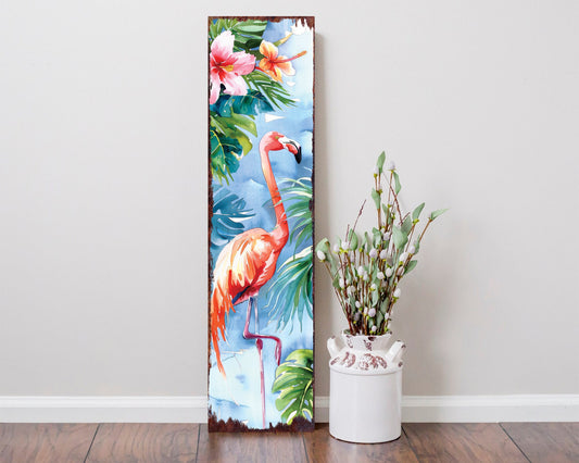 36in Summer Watercolor Flamingo Porch Sign - Farmhouse Rustic Decor for Door, Wall, Outdoor Entryway - UV Protected & Sealed