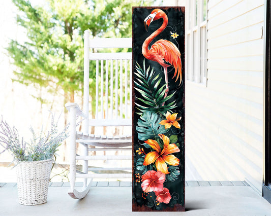 36in Summer Tropical Watercolor Flamingo Porch Sign - UV Protected & Sealed Decor for Door, Wall, Mantel, Porch Leaner, Outdoor Entryway