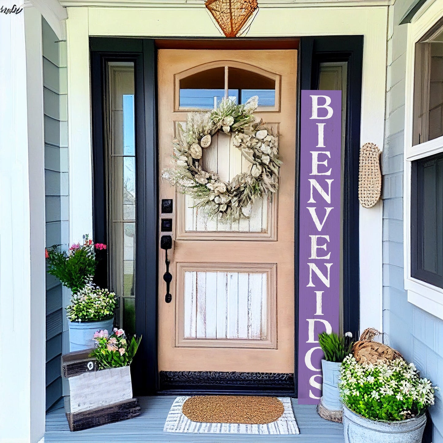 72in Purple Bienvenido Porch Sign - UV Protected, Sealed, Foldable, Portable - Perfect for Front Door and Entryway Decor