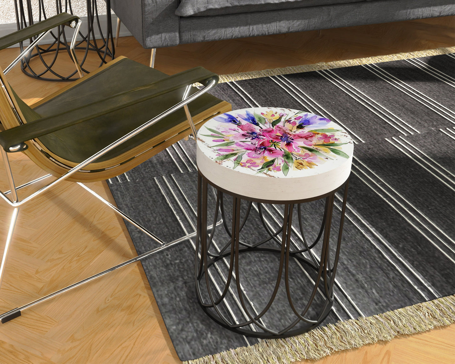 Spring Watercolor Fireweed Accent Table | Farmhouse Style Round End Tables | Ideal for Bedroom, Balcony, Patio