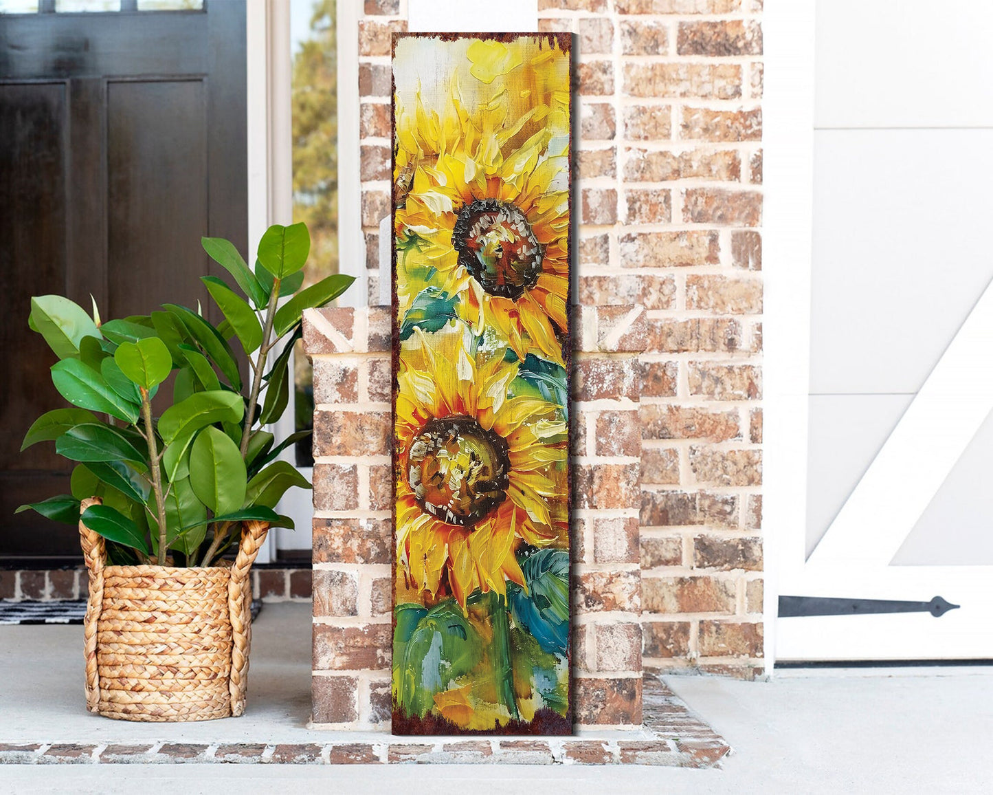 36in Summer Oil Sunflower Wooden Porch Sign | Rustic Farmhouse Decor for Door, Wall, Outdoor Entryway | UV Protected & Sealed