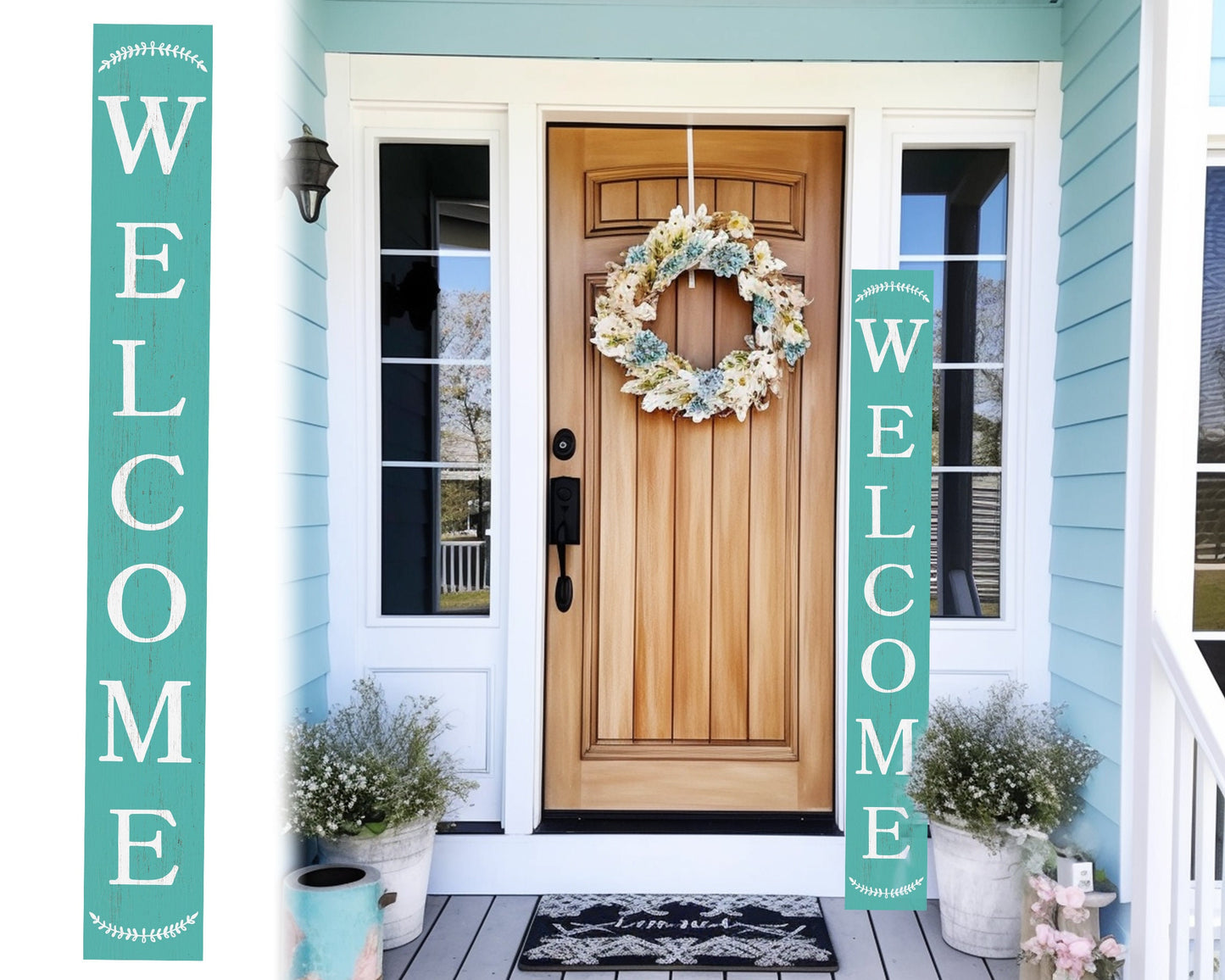 72-inch Blue Turquoise Outdoor Welcome Sign | Rustic Front Door Sign | Foldable and Portable | UV Protected and Sealed