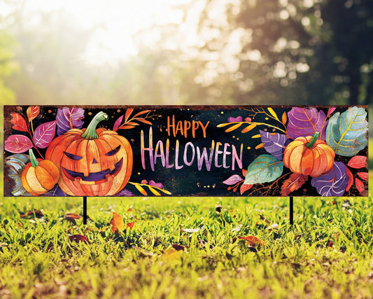 36in Happy Halloween Garden Stake  - Perfect for Outdoor Decorative, Yard Art, Halloween Garden Decorations - Watercolor Style Pumpkin