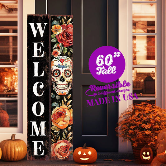 60in Welcome Sign - Dia De Los Muertos Sugar Skull Porch Sign - Vintage Day of the Dead Decoration - Reversible Entryway Porch Decorative