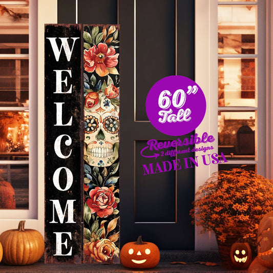 60in Welcome Sign | Dia De Los Muertos Sugar Skull Porch Sign | Vintage Day of the Dead Decoration | Reversible Entryway Porch Decorative