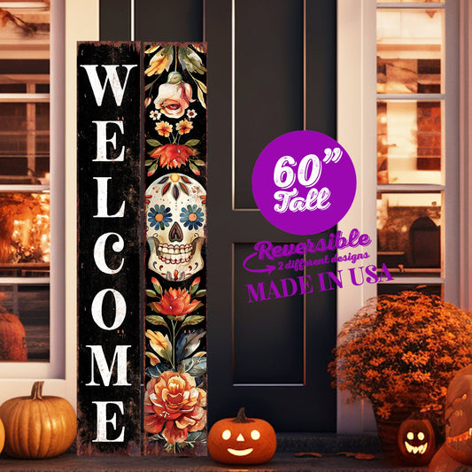 60in Welcome Sign - Dia De Los Muertos Sugar Skull Porch Sign - Vintage Day of the Dead Decoration - Reversible Entryway Porch Decoration