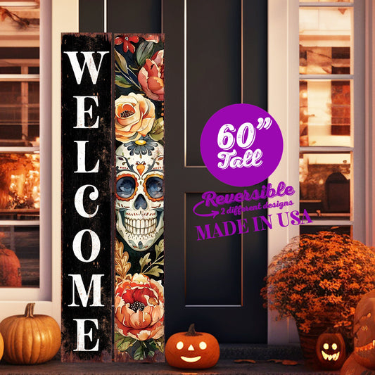 60in Welcome Sign - Dia De Los Muertos Sugar Skull Porch Sign | Vintage Day of the Dead Decoration | Reversible Entryway Porch Board