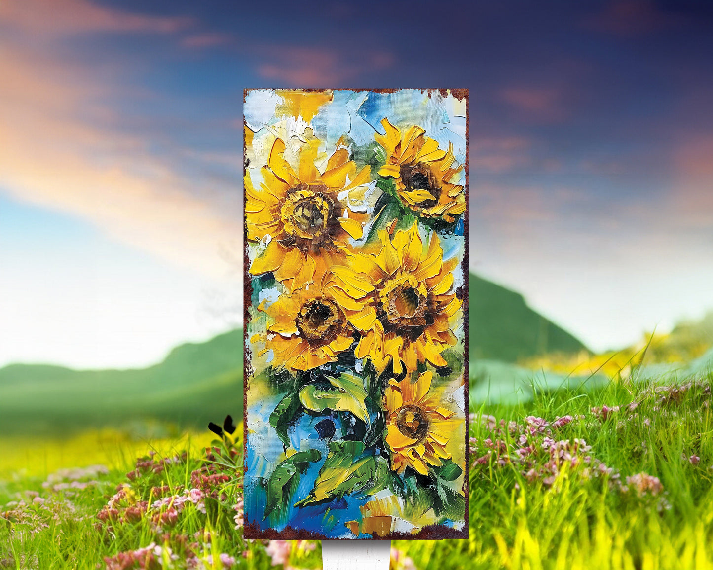 30in Summer Garden Stake - Oil Paint Style Sunflower Decor - Made in USA - Ideal for Outdoor, Yard, and Garden Decorations